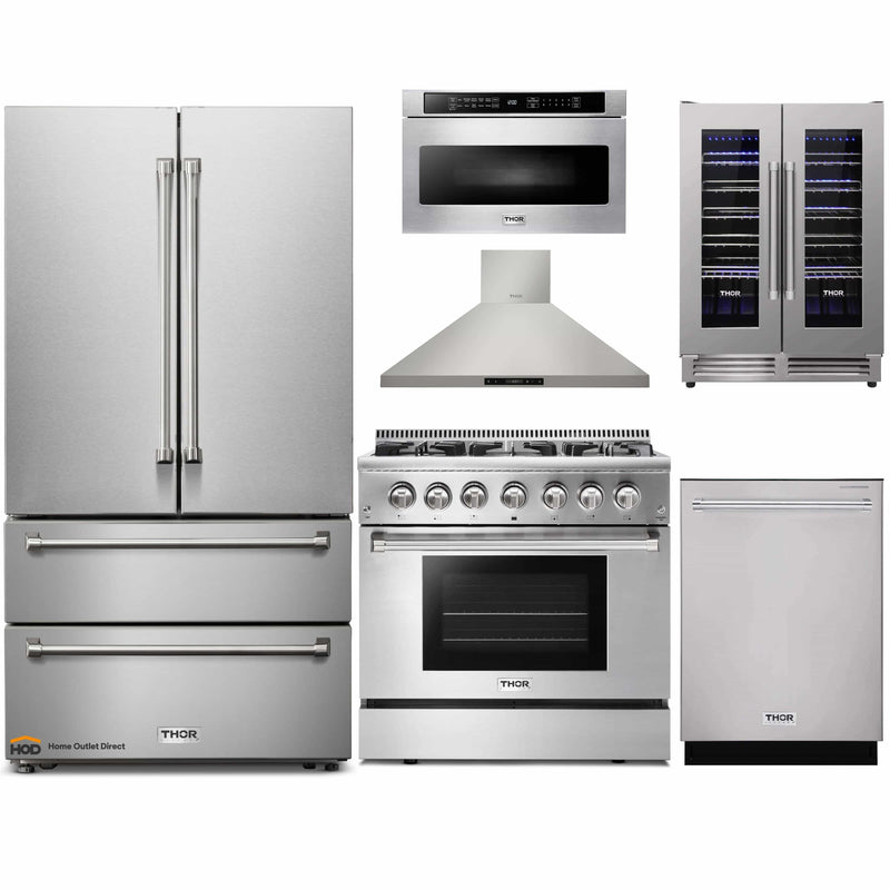 Thor Kitchen 6-Piece Pro Appliance Package - 36-Inch Dual Fuel Range, French Door Refrigerator, Wall Mount Hood, Dishwasher, Microwave Drawer, & Wine Cooler in Stainless Steel