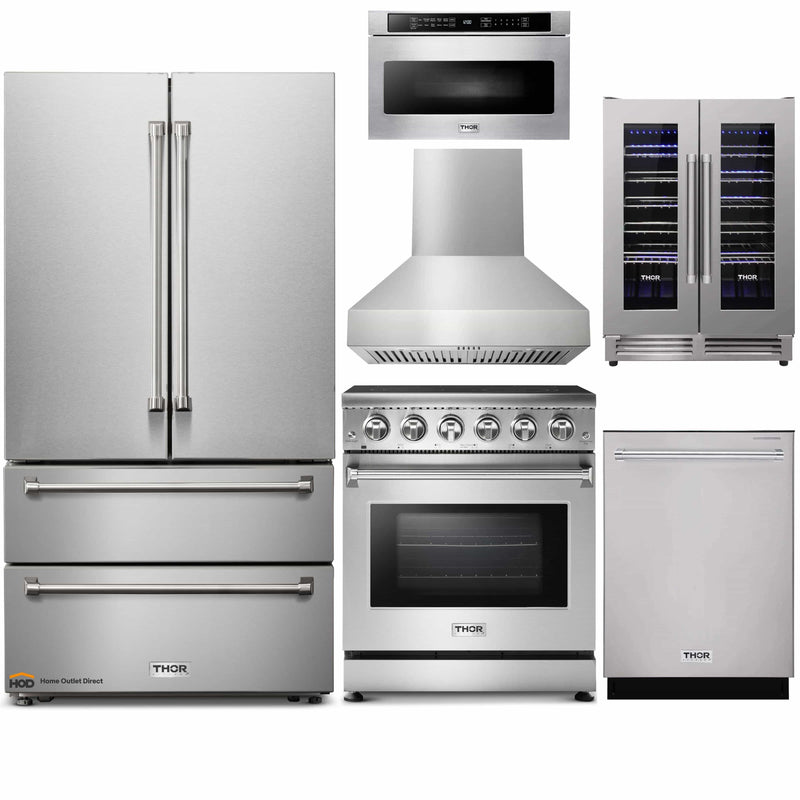 Thor Kitchen 6-Piece Appliance Package - 30-Inch Electric Range, French Door Refrigerator, Pro-Style Wall Mount Hood, Dishwasher, Microwave Drawer, & Wine Cooler in Stainless Steel