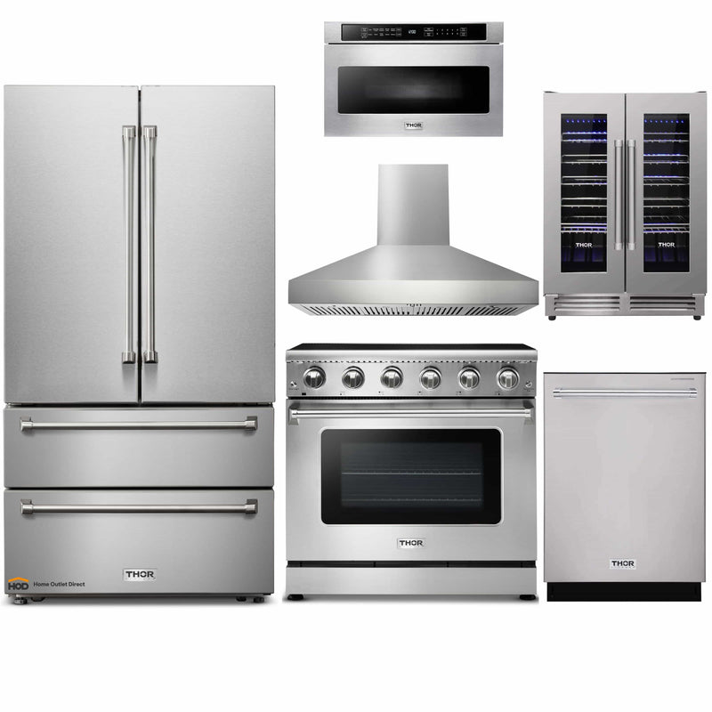 Thor Kitchen 6-Piece Appliance Package - 36-Inch Electric Range, French Door Refrigerator, Pro-Style Wall Mount Hood, Dishwasher, Microwave Drawer, & Wine Cooler in Stainless Steel