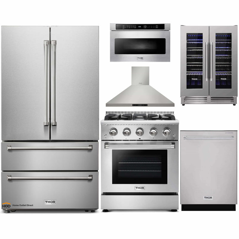 Thor Kitchen 6-Piece Pro Appliance Package - 30-Inch Gas Range, French Door Refrigerator, Wall Mount Hood, Dishwasher, Microwave Drawer, & Wine Cooler in Stainless Steel