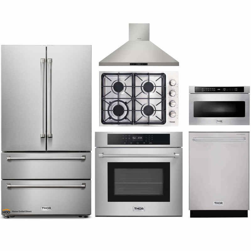 Thor Kitchen 6-Piece Pro Appliance Package - 30-Inch Gas Cooktop, Electric Wall Oven, Wall Mount Hood, Refrigerator, Dishwasher, & Microwave Drawer in Stainless Steel