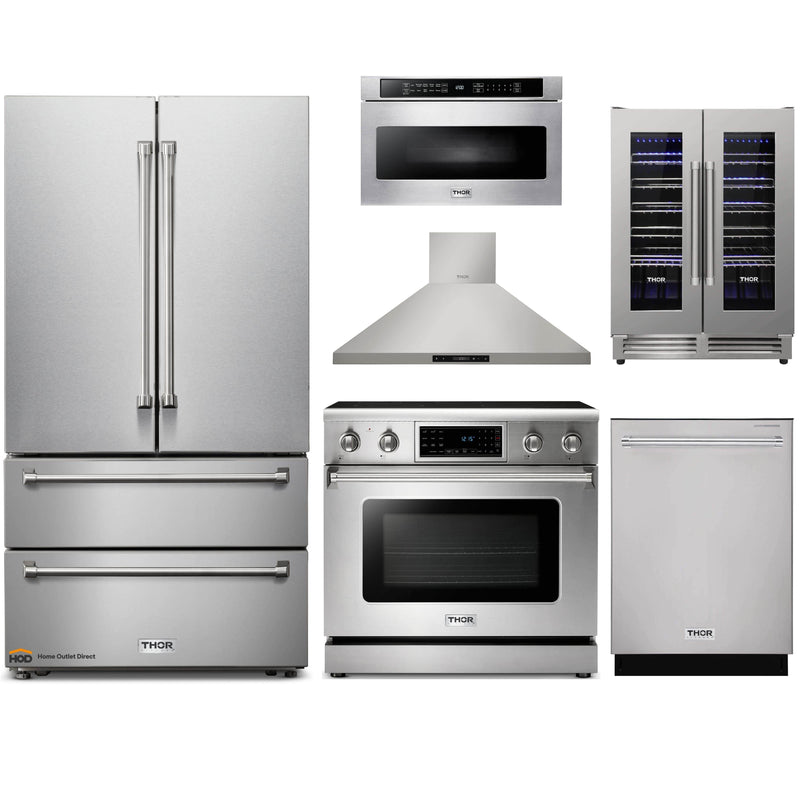 Thor Kitchen 6-Piece Appliance Package - 36-Inch Electric Range with Tilt Panel, French Door Refrigerator, Wall Mount Hood, Dishwasher, Microwave Drawer, & Wine Cooler in Stainless Steel