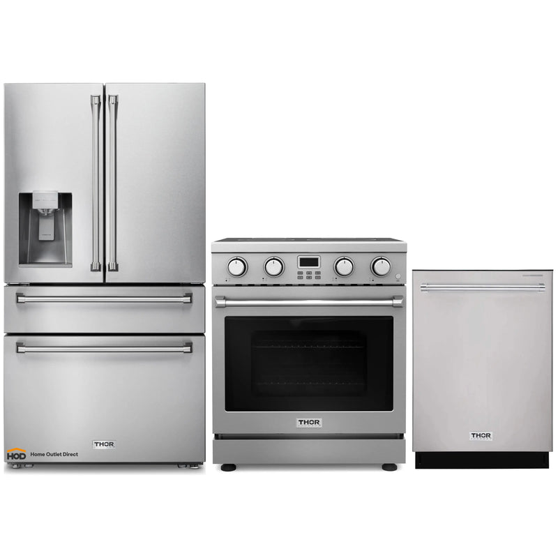 Thor Kitchen 3-Piece Appliance Package - 30-Inch Electric Range, Refrigerator with Water Dispenser, and Dishwasher in Stainless Steel