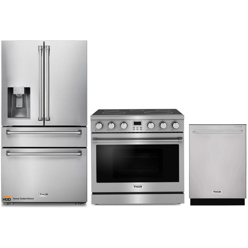 Thor Kitchen 3-Piece Appliance Package - 36-Inch Electric Range, Refrigerator with Water Dispenser, and Dishwasher in Stainless Steel