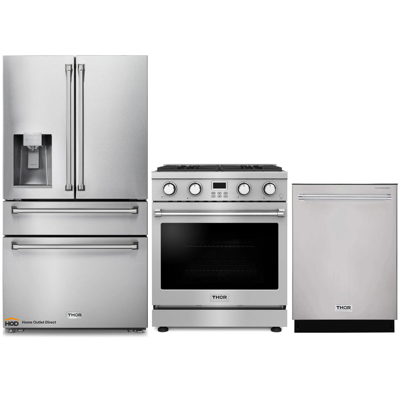 Thor Kitchen 3-Piece Appliance Package - 30-Inch Gas Range, Refrigerator with Water Dispenser, and Dishwasher in Stainless Steel