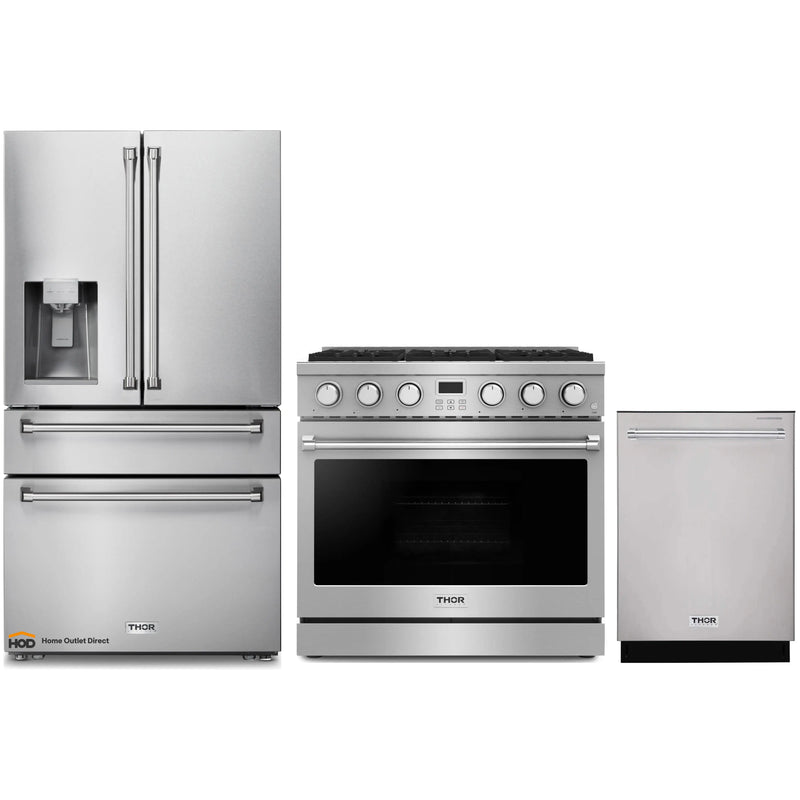 Thor Kitchen 3-Piece Appliance Package - 36-Inch Gas Range, Refrigerator with Water Dispenser, and Dishwasher in Stainless Steel