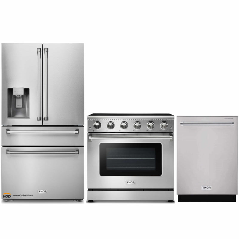 Thor Kitchen 3-Piece Appliance Package - 36-Inch Electric Range, Refrigerator with Water Dispenser, & Dishwasher in Stainless Steel