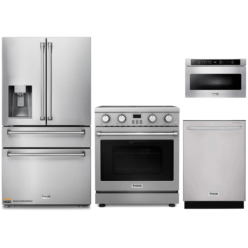 Thor Kitchen 4-Piece Appliance Package - 30-Inch Electric Range, Refrigerator with Water Dispenser, Dishwasher, and Microwave in Stainless Steel