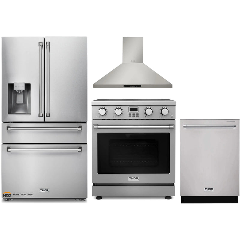 Thor Kitchen 4-Piece Appliance Package - 30-Inch Electric Range, Wall Mount Range Hood, Refrigerator with Water Dispenser, and Dishwasher in Stainless Steel