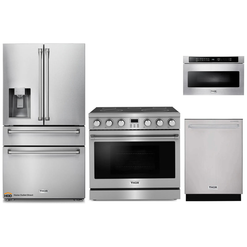 Thor Kitchen 4-Piece Appliance Package - 36-Inch Electric Range, Refrigerator with Water Dispenser, Dishwasher, and Microwave in Stainless Steel