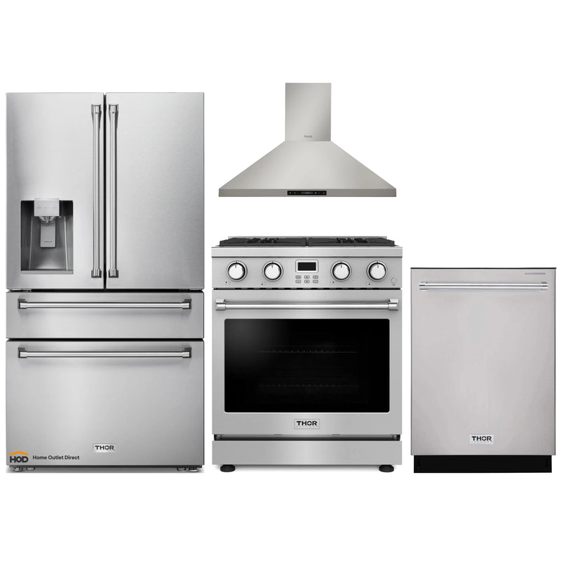 Thor Kitchen 4-Piece Appliance Package - 30-Inch Gas Range, Wall Mounted Range Hood, Refrigerator with Water Dispenser, and Dishwasher in Stainless Steel