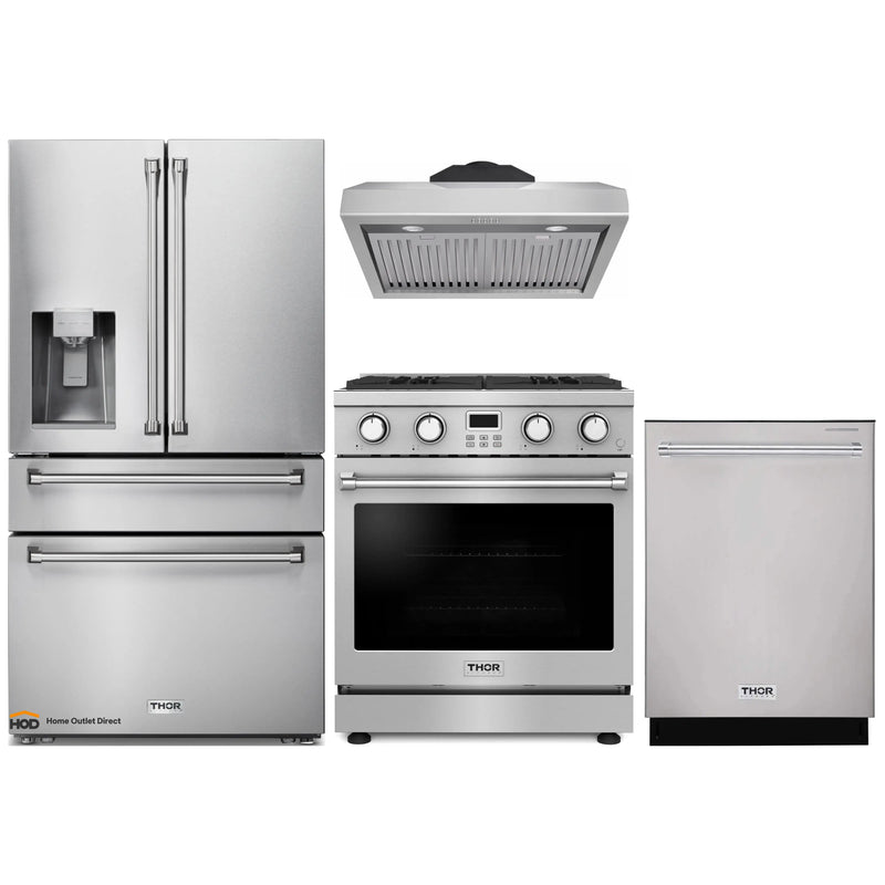 Thor Kitchen 4-Piece Appliance Package - 30-Inch Gas Range, Under Cabinet Range Hood, Refrigerator with Water Dispenser, and Dishwasher in Stainless Steel