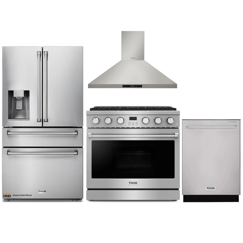 Thor Kitchen 4-Piece Appliance Package - 36-Inch Gas Range, Wall Mount Range Hood, Refrigerator with Water Dispenser, and Dishwasher in Stainless Steel