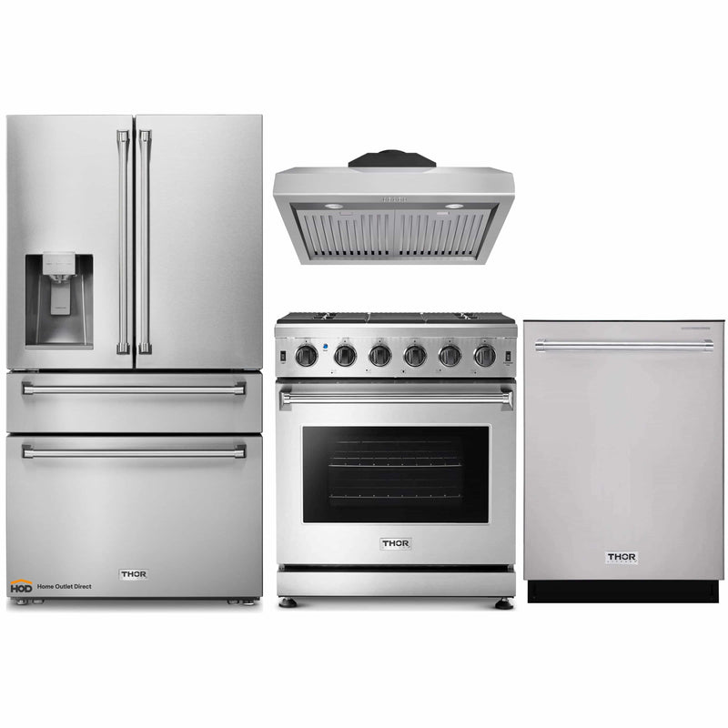 Thor Kitchen 4-Piece Appliance Package - 30-Inch Gas Range, Refrigerator with Water Dispenser, Under Cabinet Hood & Dishwasher in Stainless Steel