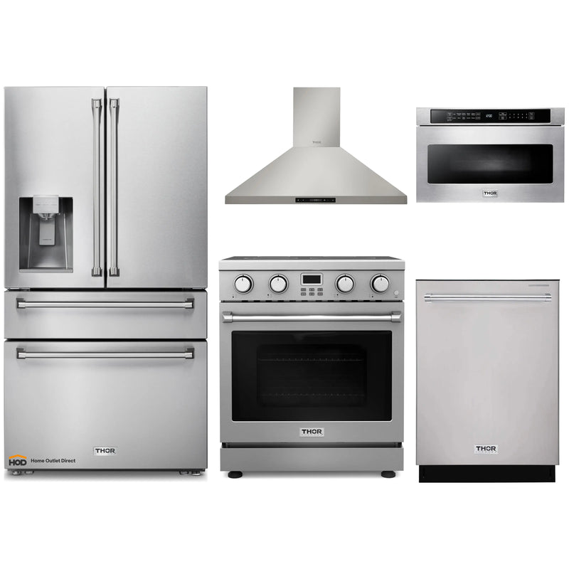 Thor Kitchen 5-Piece Appliance Package - 30-Inch Electric Range, Wall Mount Range Hood, Refrigerator with Water Dispenser, Dishwasher, and Microwave in Stainless Steel