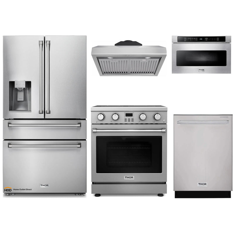 Thor Kitchen 5-Piece Appliance Package - 30-Inch Electric Range, Under Cabinet Range Hood, Refrigerator with Water Dispenser, Dishwasher, and Microwave in Stainless Steel