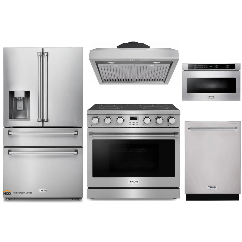 Thor Kitchen 5-Piece Appliance Package - 36-Inch Electric Range, Under Cabinet Range Hood, Refrigerator with Water Dispenser, Dishwasher, and Microwave in Stainless Steel