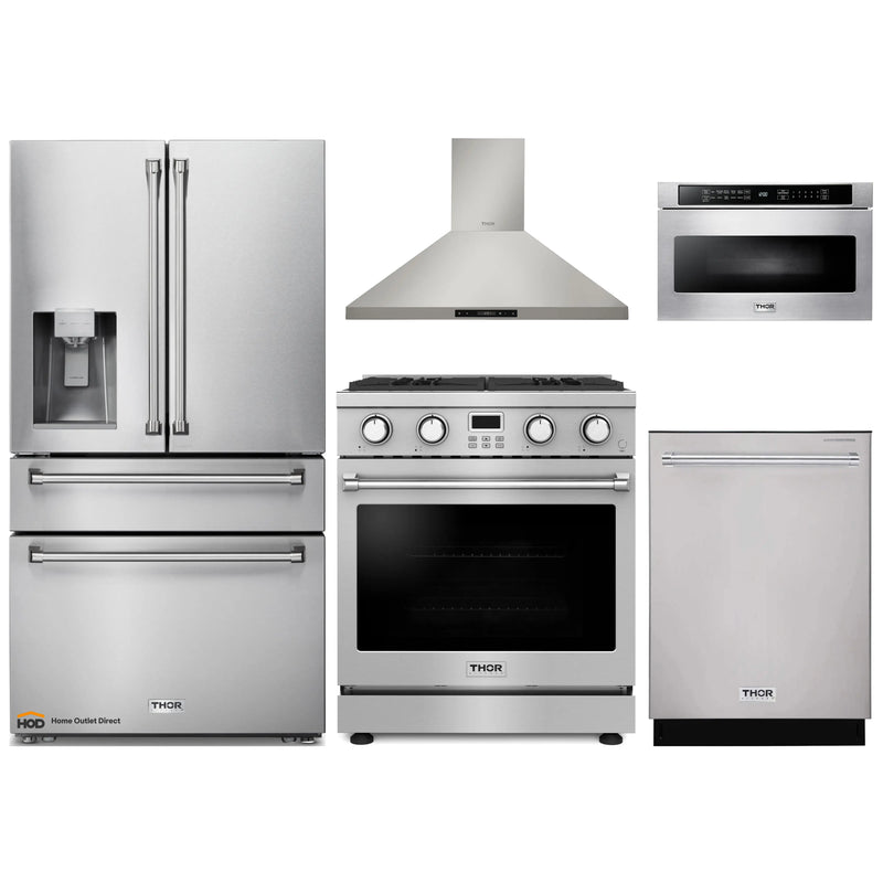 Thor Kitchen 5-Piece Appliance Package - 30-Inch Gas Range, Wall Mount Range Hood, Refrigerator with Water Dispenser, Dishwasher, and Microwave in Stainless Steel