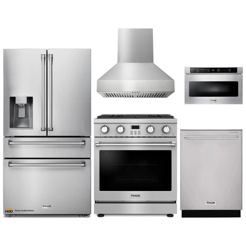 Thor Kitchen 5-Piece Appliance Package - 30-Inch Gas Range, Pro-Style Wall Mount Range Hood, Refrigerator with Water Dispenser, Dishwasher, and Microwave in Stainless Steel