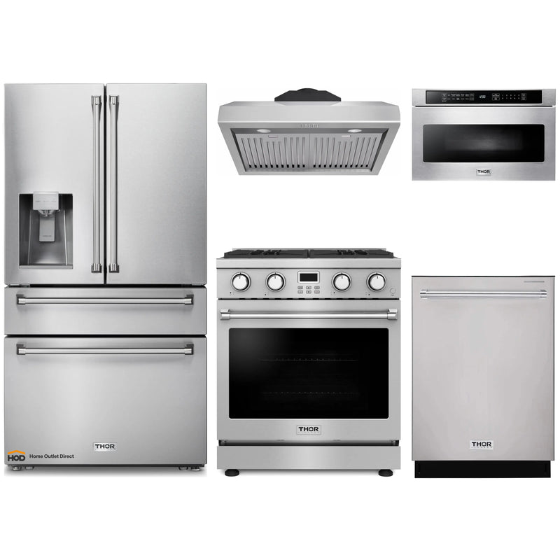 Thor Kitchen 5-Piece Appliance Package - 30-Inch Gas Range, Under Cabinet Range Hood, Refrigerator with Water Dispenser, Dishwasher, and Microwave in Stainless Steel