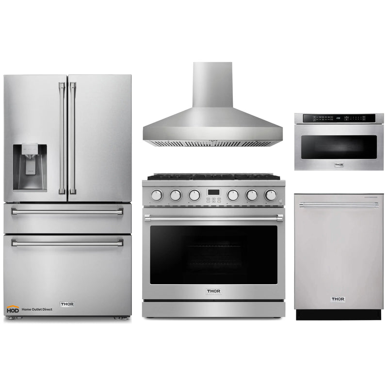 Thor Kitchen 5-Piece Appliance Package - 36-Inch Gas Range, Pro-Style Wall Mount Range Hood, Refrigerator with Water Dispenser, Dishwasher, and Microwave in Stainless Steel