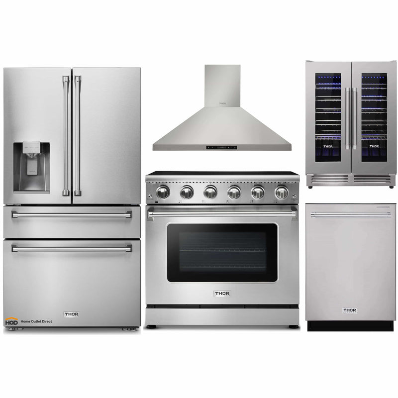 Thor Kitchen 5-Piece Appliance Package - 36-Inch Electric Range, Refrigerator with Water Dispenser, Wall Mount Hood, Dishwasher, & Wine Cooler in Stainless Steel