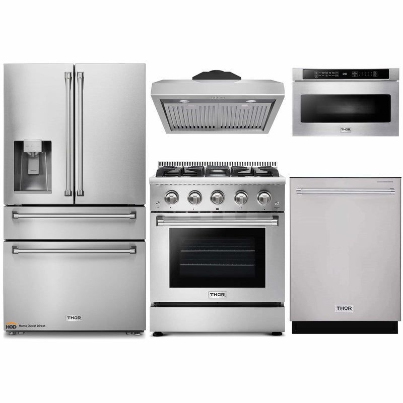 Thor Kitchen 5-Piece Pro Appliance Package - 30-Inch Gas Range, Refrigerator with Water Dispenser, Under Cabinet Hood, Dishwasher, & Microwave Drawer in Stainless Steel