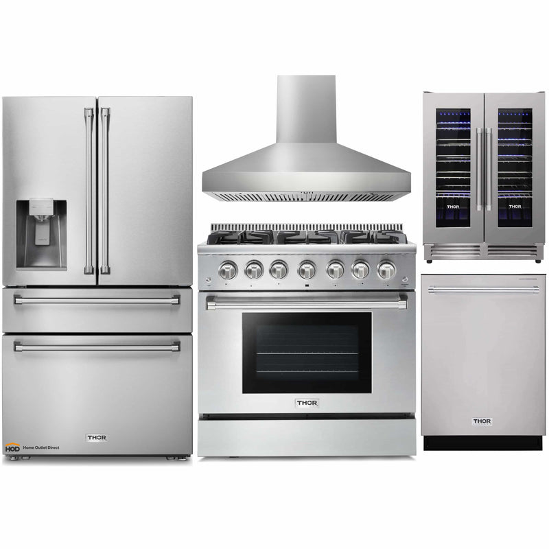 Thor Kitchen 5-Piece Pro Appliance Package - 36-Inch Gas Range, Refrigerator with Water Dispenser, Pro-Style Wall Mount Hood, Dishwasher, & Wine Cooler in Stainless Steel