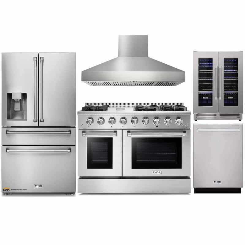 Thor Kitchen 5-Piece Pro Appliance Package - 48-Inch Gas Range, Pro Wall Mount Hood, Refrigerator with Water Dispenser, Dishwasher, & Wine Cooler in Stainless Steel