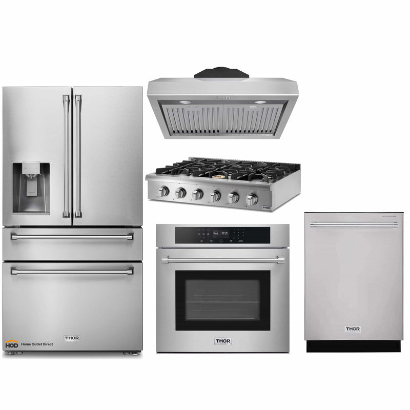 Thor Kitchen 5-Piece Pro Appliance Package - 36-Inch Rangetop, Electric Wall Oven, Under Cabinet Hood, Dishwasher & Refrigerator with Water Dispenser in Stainless Steel
