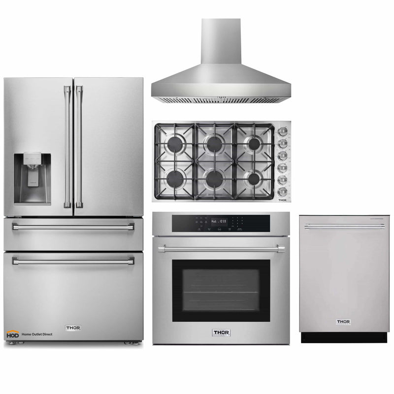 Thor Kitchen 5-Piece Pro Appliance Package - 36-Inch Gas Cooktop, Electric Wall Oven, Pro-Style Wall Mount Hood, Dishwasher & Refrigerator with Water Dispenser in Stainless Steel