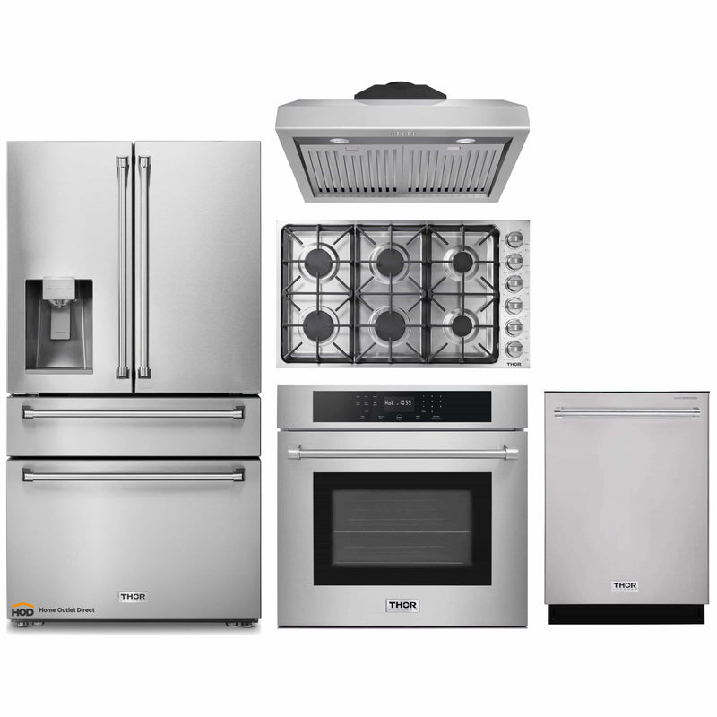 Thor Kitchen 5-Piece Pro Appliance Package - 36-Inch Gas Cooktop, Electric Wall Oven, Under Cabinet Hood, Dishwasher & Refrigerator with Water Dispenser in Stainless Steel