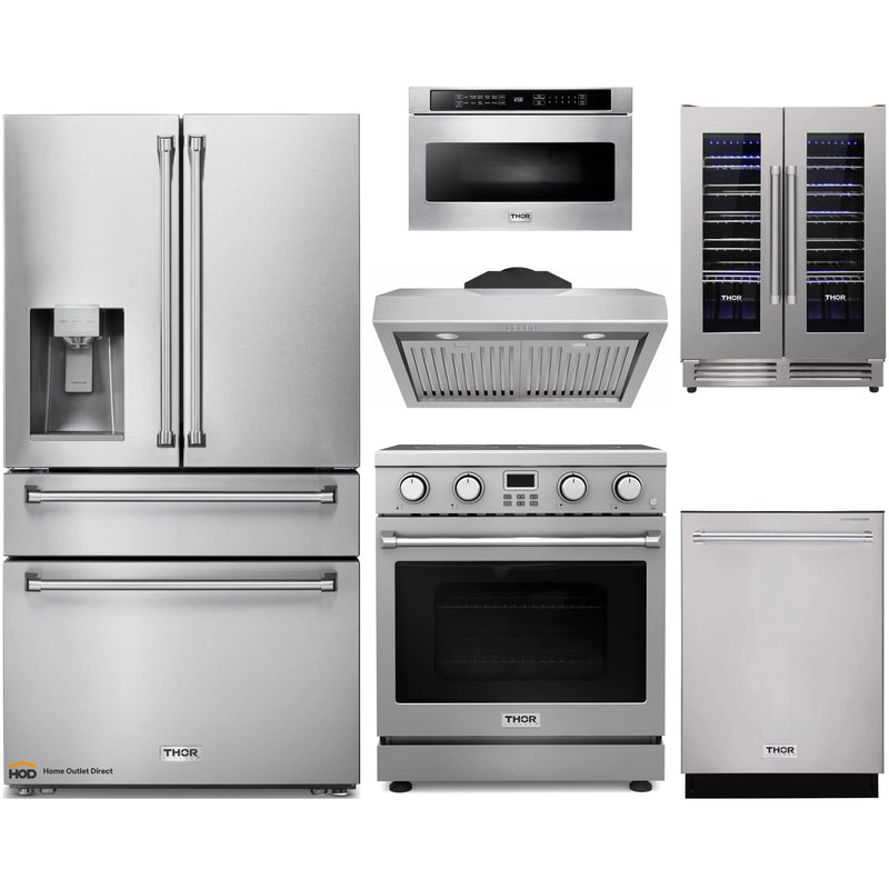 Thor Kitchen 6-Piece Appliance Package - 30-Inch Electric Range, Under Cabinet Range Hood, Refrigerator with Water Dispenser, Dishwasher, Microwave, and Wine Cooler in Stainless Steel