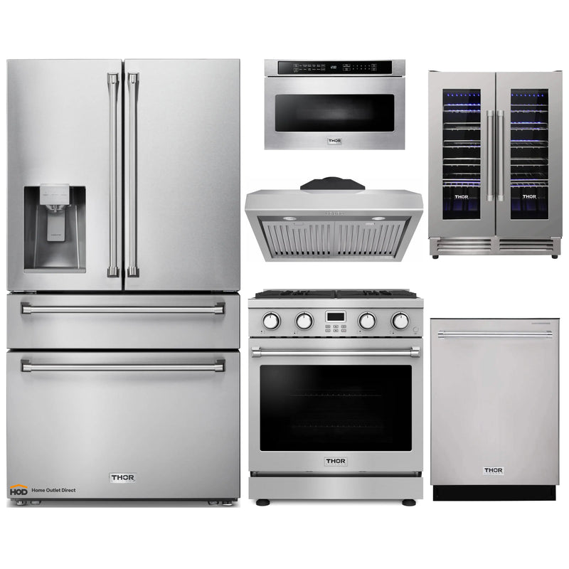 Thor Kitchen 6-Piece Appliance Package - 30-Inch Gas Range, Under Cabinet Range Hood, Refrigerator with Water Dispenser, Dishwasher, Microwave, and Wine Cooler in Stainless Steel