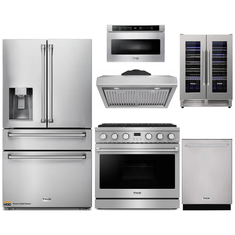 Thor Kitchen 6-Piece Appliance Package - 36-Inch Gas Range, Under Cabinet Range Hood, Refrigerator with Water Dispenser, Dishwasher, Microwave, and Wine Cooler in Stainless Steel