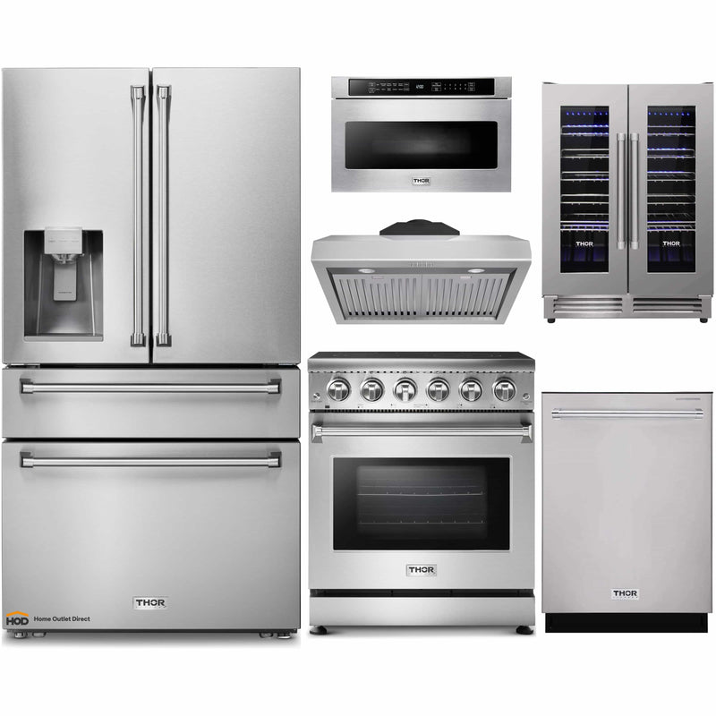 Thor Kitchen 6-Piece Appliance Package - 30-Inch Electric Range, Refrigerator with Water Dispenser, Under Cabinet Hood, Dishwasher, Microwave Drawer, & Wine Cooler in Stainless Steel