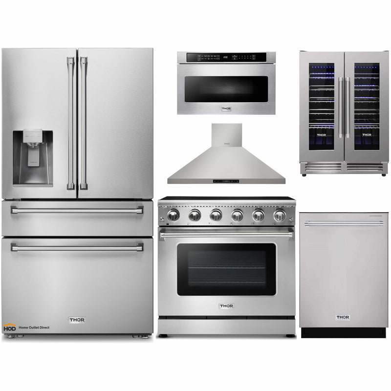 Thor Kitchen 6-Piece Appliance Package - 36-Inch Electric Range, Refrigerator with Water Dispenser, Wall Mount Hood, Dishwasher, Microwave Drawer, & Wine Cooler in Stainless Steel