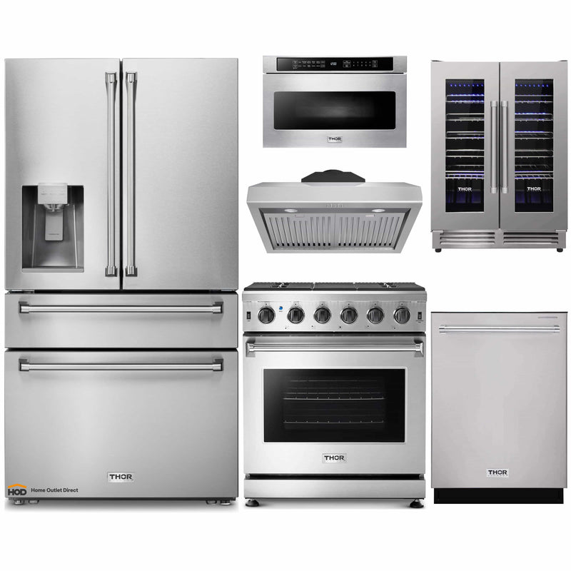 Thor Kitchen 6-Piece Appliance Package - 30-Inch Gas Range, Refrigerator with Water Dispenser, Under Cabinet Hood, Dishwasher, Microwave Drawer, & Wine Cooler in Stainless Steel