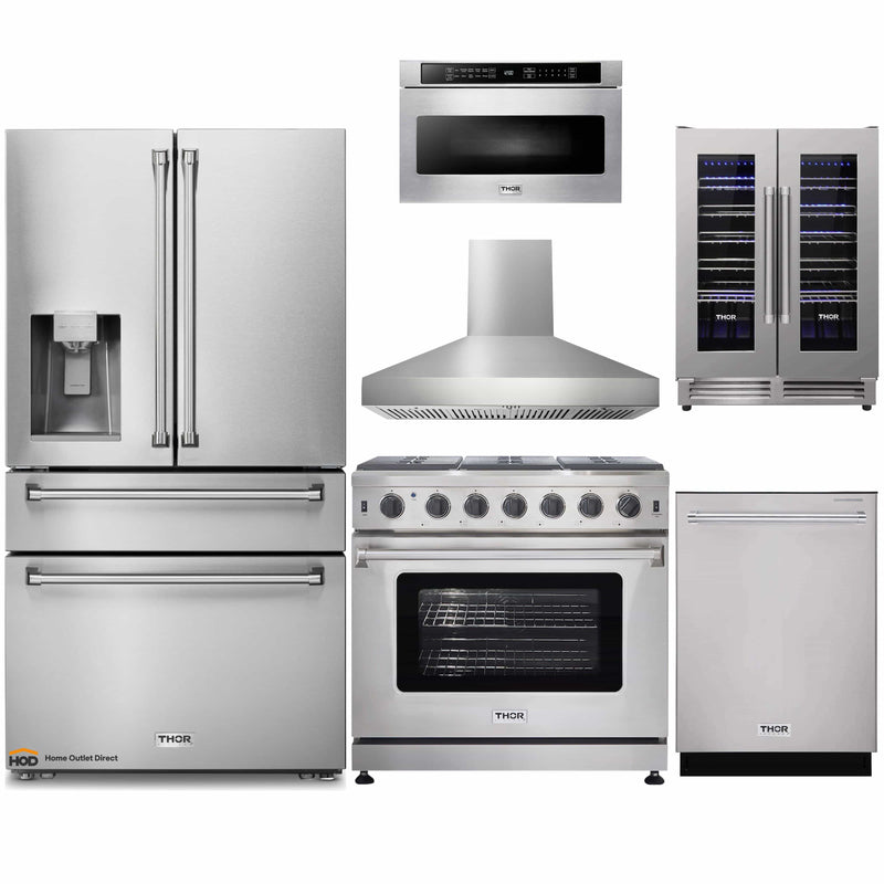 Thor Kitchen 6-Piece Appliance Package - 36-Inch Gas Range, Refrigerator with Water Dispenser, Pro-Style Wall Mount Hood, Dishwasher, Microwave Drawer, & Wine Cooler in Stainless Steel