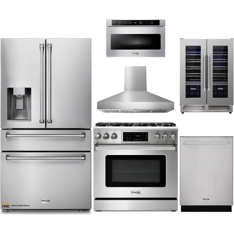 Thor Kitchen 6-Piece Appliance Package - 36-Inch Gas Range with Tilt Panel, Refrigerator with Water Dispenser, Pro-Style Wall Mount Hood, Dishwasher, Microwave Drawer, & Wine Cooler in Stainless Steel