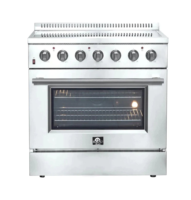 Forno 5-Piece Appliance Package - 36-Inch Electric Range, Wall Mount Range Hood with Backsplash, French Door Refrigerator, Dishwasher, and Microwave Oven in Stainless Steel