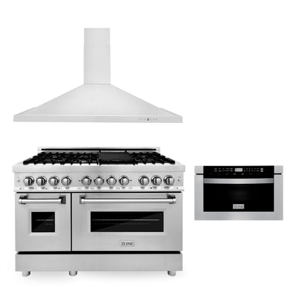 ZLINE 48 in. Kitchen Package with Stainless Steel Dual Fuel Range, Convertible Vent Range Hood and Microwave Drawer (3KP-RARH48-MW) - MyBBQDirect