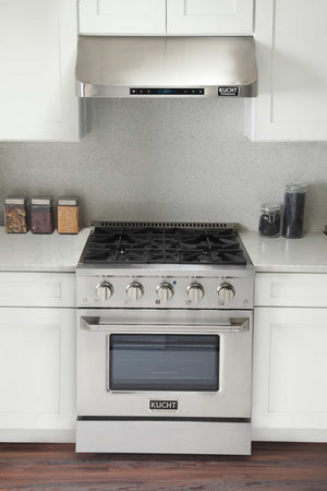 Kucht 5-Piece Appliance Package - 30-Inch Dual Fuel Range, Refrigerator, Wall Mount Hood, Dishwasher, & Microwave Oven in Stainless Steel - MyBBQDirect