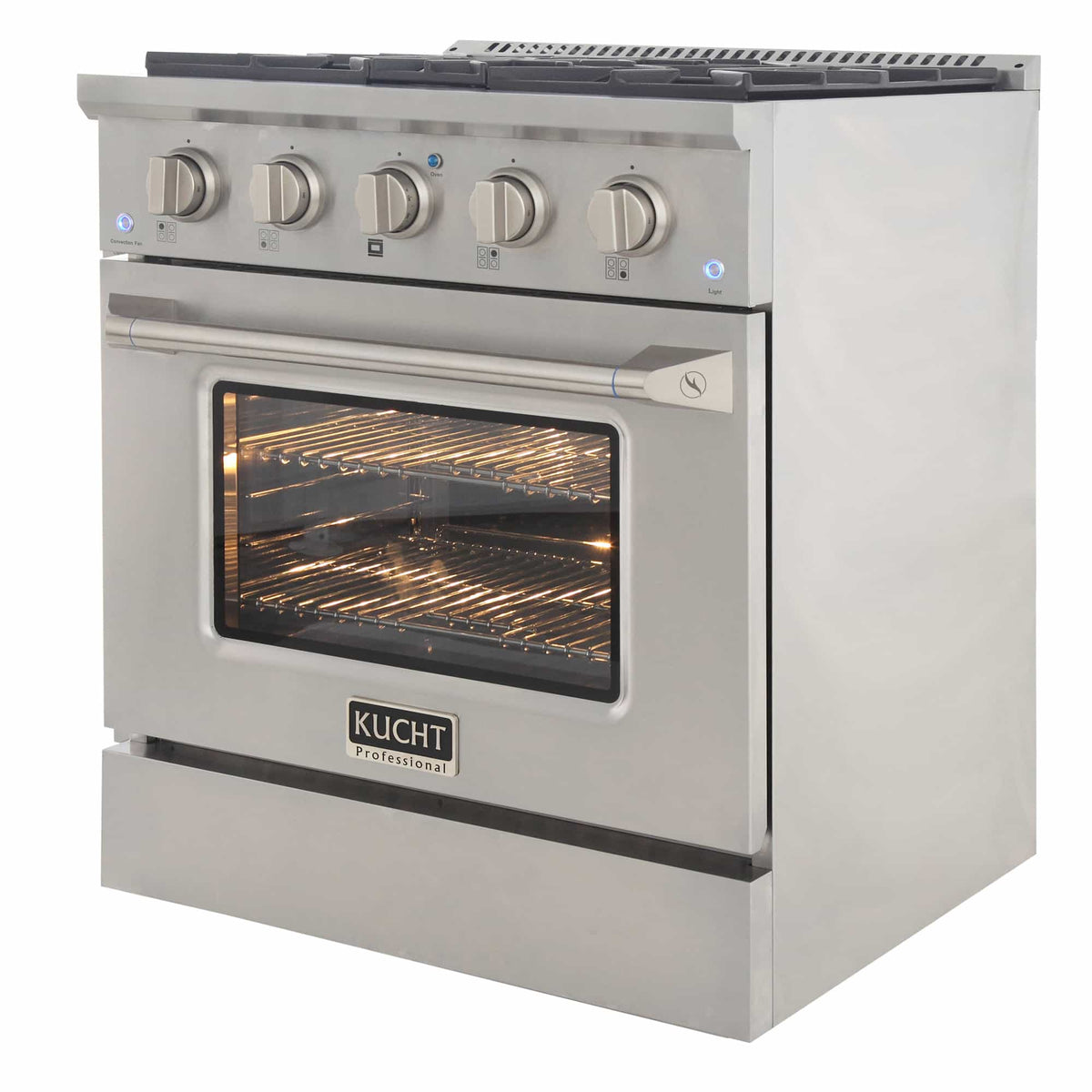 Kucht 5-Piece Appliance Package - 30-Inch Dual Fuel Range, Refrigerator, Wall Mount Hood, Dishwasher, & Microwave Oven in Stainless Steel - MyBBQDirect