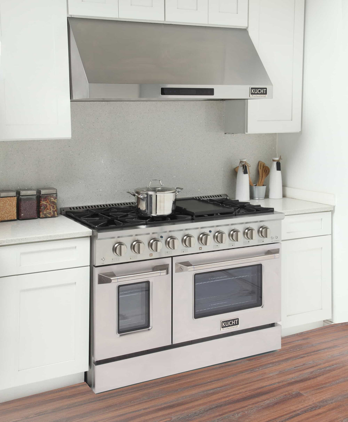 Kucht 5-Piece Appliance Package - 48-Inch Dual Fuel Range, Refrigerator, Under Cabinet Hood, Dishwasher, & Microwave Drawer in Stainless Steel - MyBBQDirect