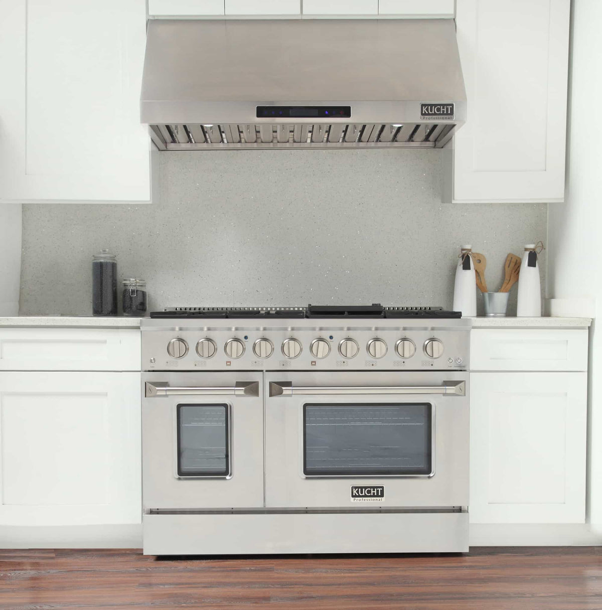 Kucht 5-Piece Appliance Package - 48-Inch Dual Fuel Range, Refrigerator, Under Cabinet Hood, Dishwasher, & Microwave Drawer in Stainless Steel - MyBBQDirect