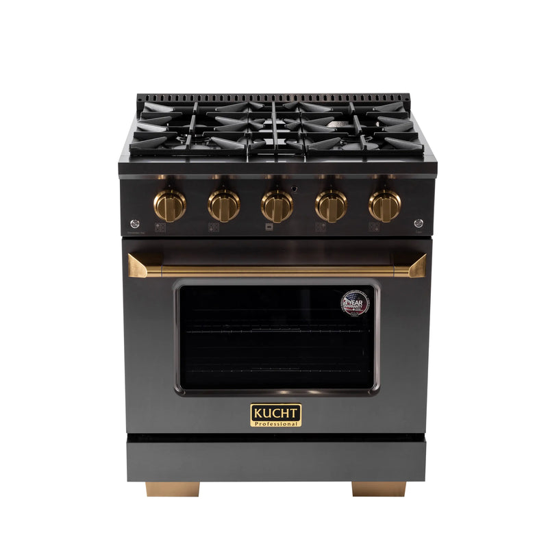 KUCHT Gemstone Professional 30-Inch 4.2 cu. ft. Propane Gas Range with Sealed Burners and Convection Oven in Titanium Stainless Steel with Gold Accents (KEG303/LP)