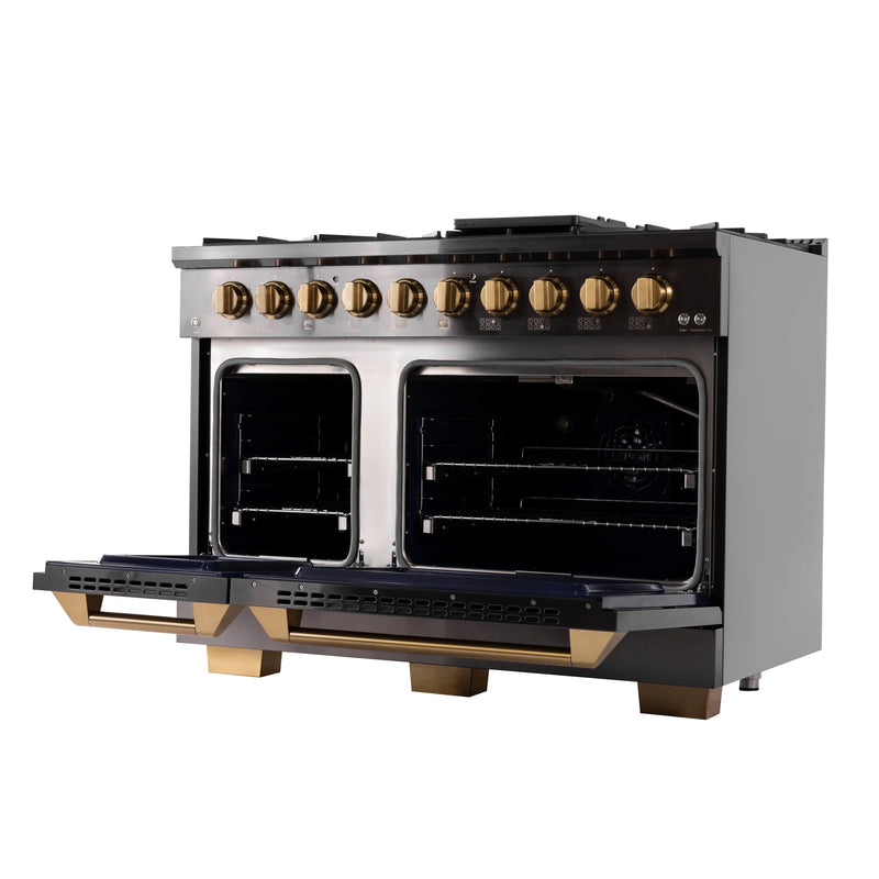 KUCHT Gemstone Professional 48-Inch 6.7 cu. ft. Natural Gas Range with Sealed Burners, Griddle/Grill and Two Ovens - One Convection - in Titanium Stainless Steel (KEG483)