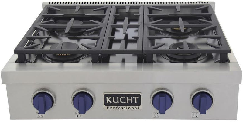 Kucht 30-Inch 4 Burner Gas Rangetop in Stainless Steel with Royal Blue Knob (KFX309T-B)