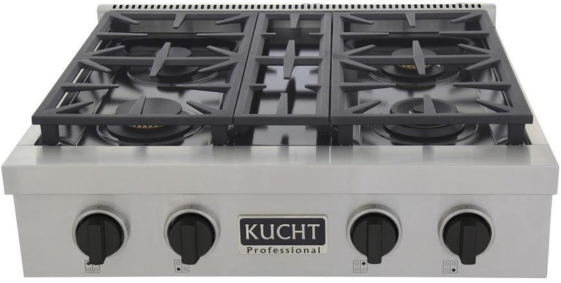 Kucht 30-Inch 4 Burner Gas Rangetop in Stainless Steel with Toxedo Black Knob (KFX309T-K)